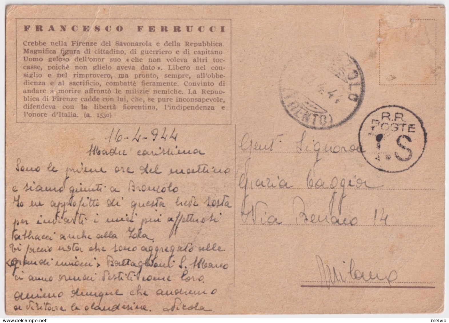1944-FRANCESCO FERRUCCI Cartolina Propaganda RSI Annullo Pinzolo (17.4) Non Affr - Patriottisch