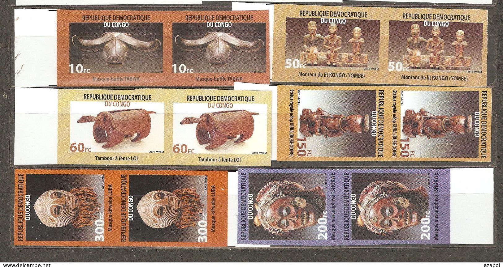 Congo: Full Set Of 6 Mint Imperforated Stamps In Pairs, Local Art, 2002, Mi#1692-8B, MNH - Ungebraucht