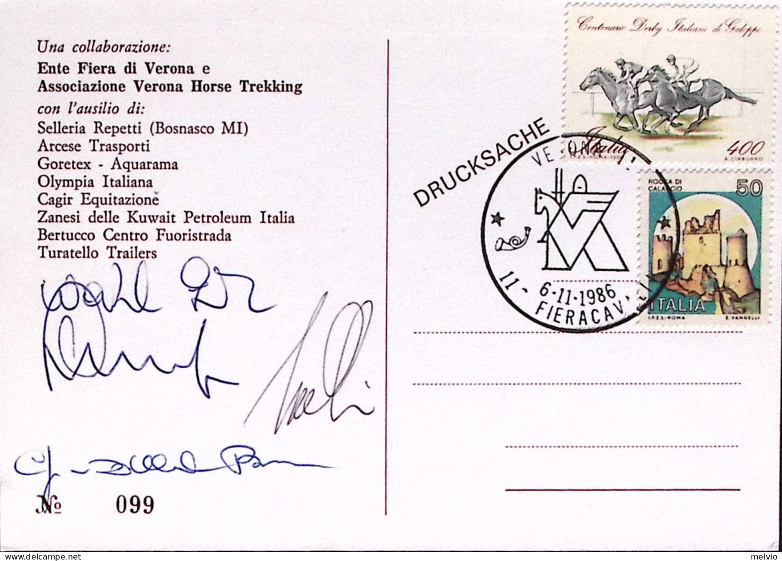 1986-VERONA 11 FIERA CAVALLI Annullo Speciale (6.11) Su Cartolina RAID EQUESTRE  - Otros & Sin Clasificación