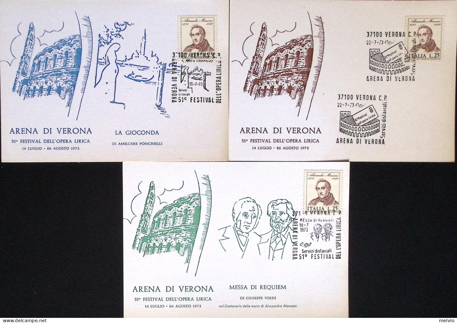 1973-VERONA 51 FESTIVAL OPERA LIRICA Sei Annulli Speciali Su Cartoline Ufficiali - Musik
