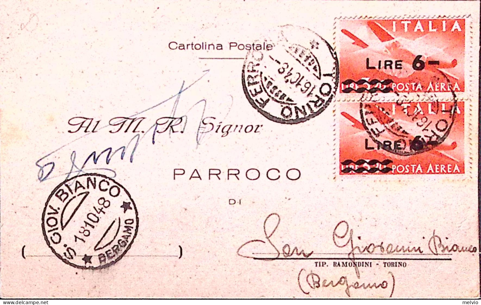 1948-Posta Aerea Sopr. Coppia Lire 6/3,20 Su Cartolina Notificazione Cresima Tor - 1946-60: Marcophilie