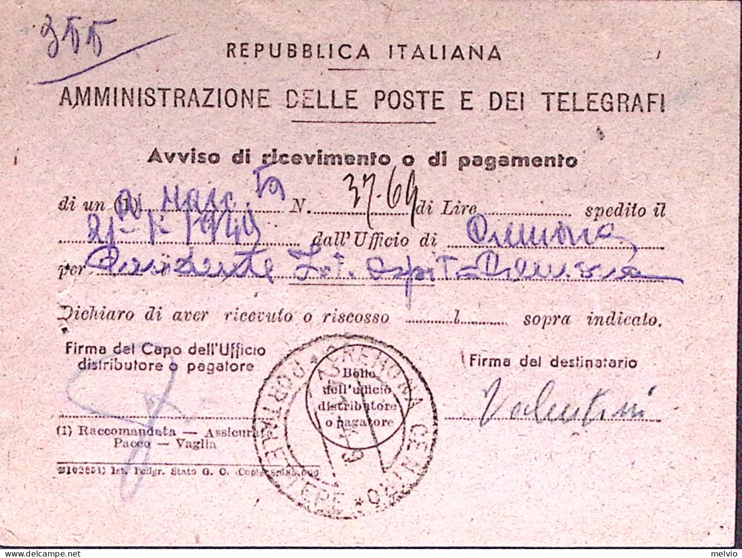 1949-Democratica. Lire 5 E 10 (555+559) Su Avviso Ricevimento - 1946-60: Marcophilie