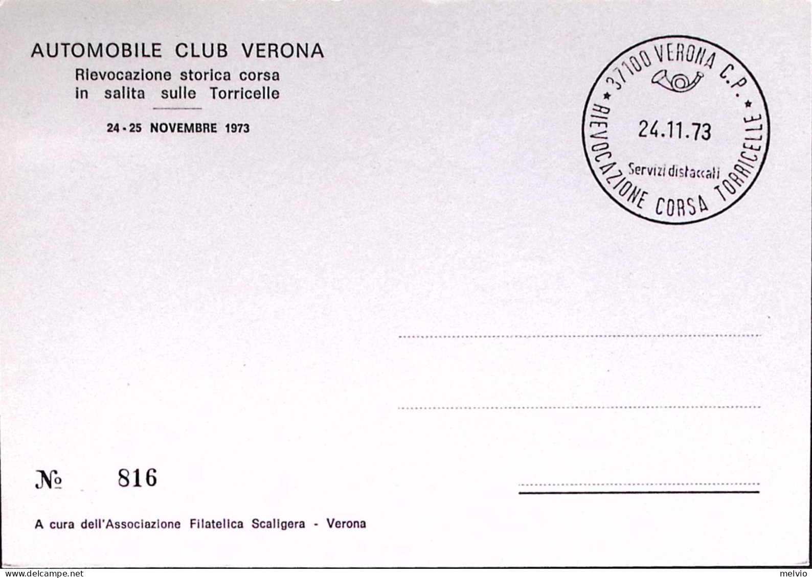 1973-VERONA VETERAN CAR CLUB Annullo Speciale (24.11) Su Cartolina Ufficiale - 1971-80: Marcophilie