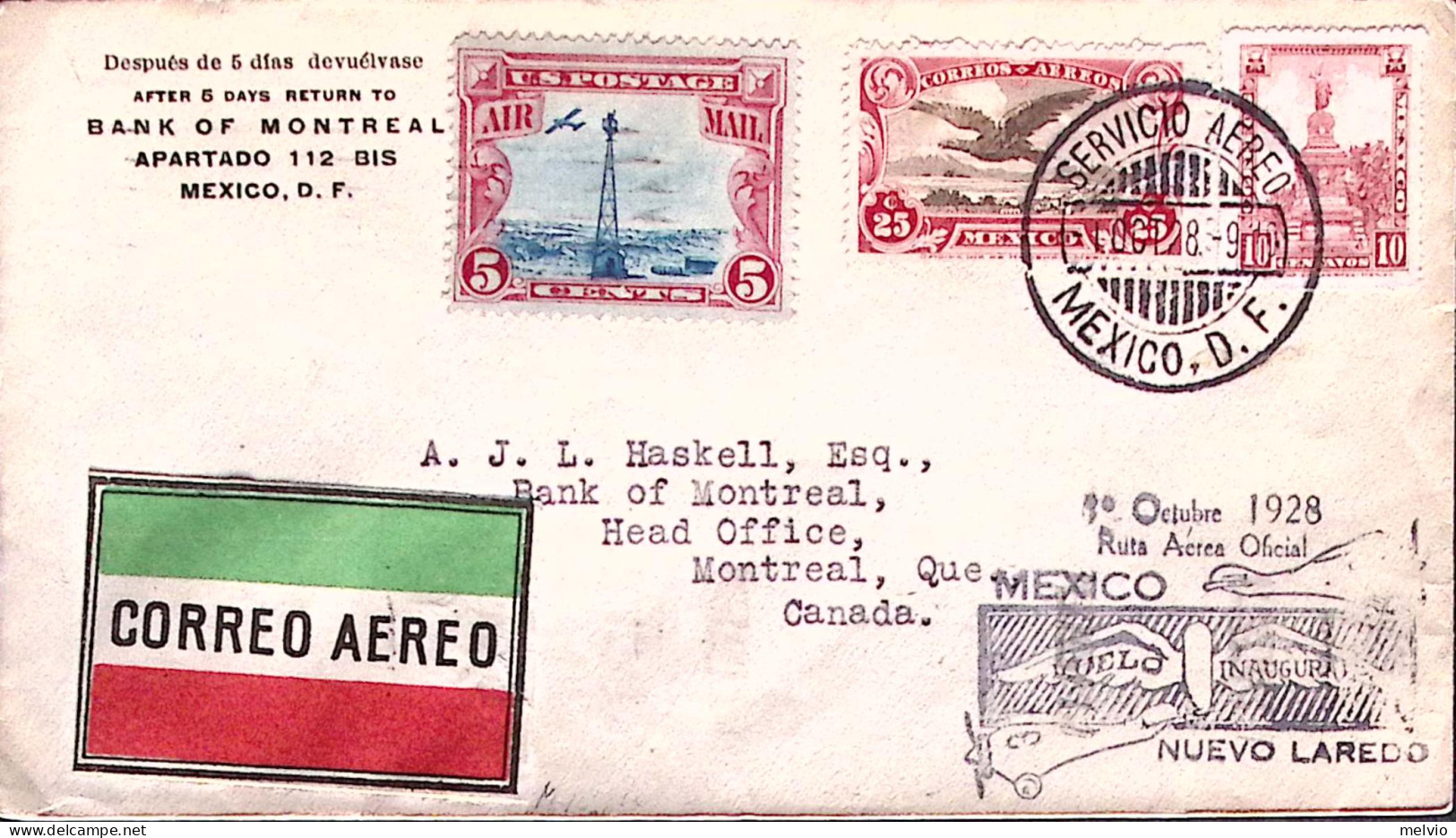 1928-MESSICO MEXICO I^volo Mexico-Queretaro-Saltillo-Nuova Laredo (1.10) Su Bust - Mexique