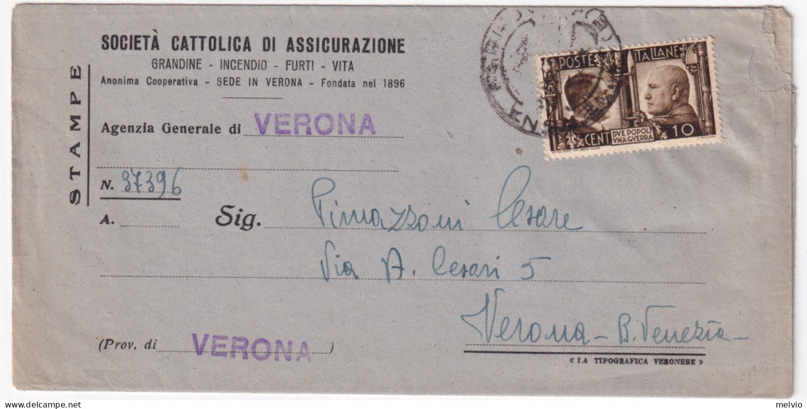 1942-FRATELLANZA C.10 (452) Isolato Su Stampe Verona (7.9) - Marcophilie
