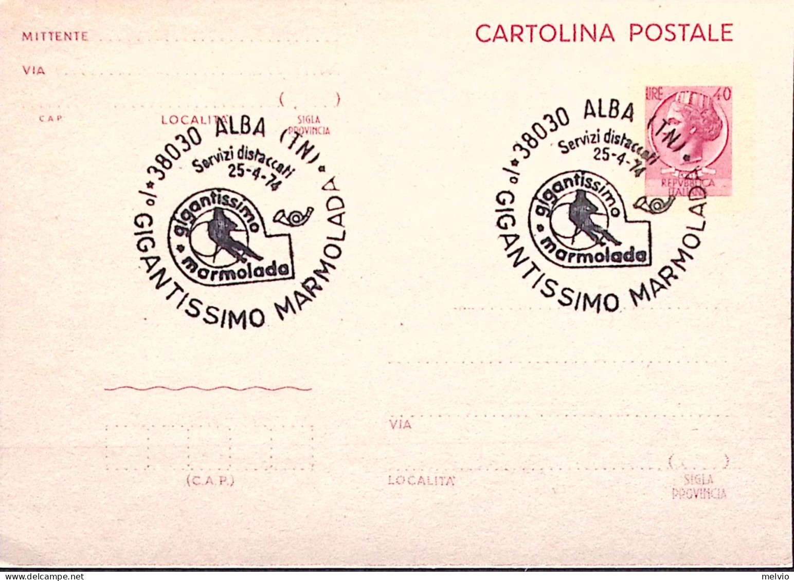 1974-ALBA (TN) 1 GIGANTISSIMO MARMOLADA Annullo Speciale (25.4) Su Cartolina Pos - 1971-80: Marcophilie