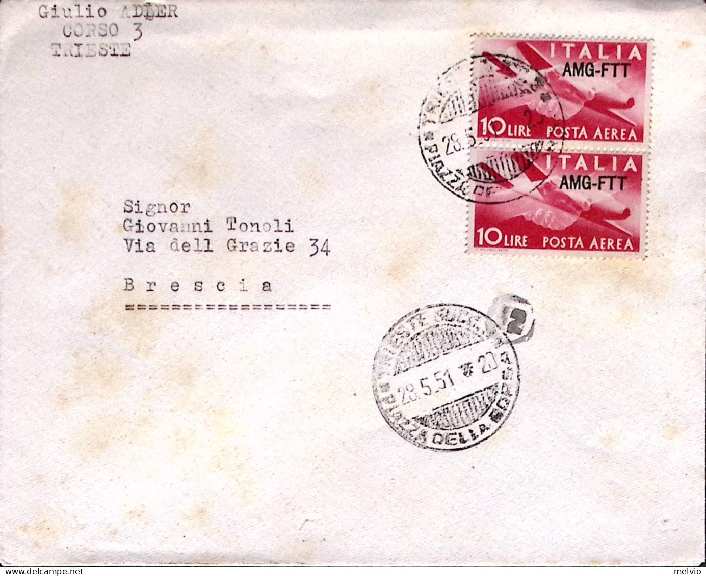 1951-AMG FTT Posta Aerea Sopr. Coppia Lire 10 (20) Su Busta Trieste (28.5) - Poststempel