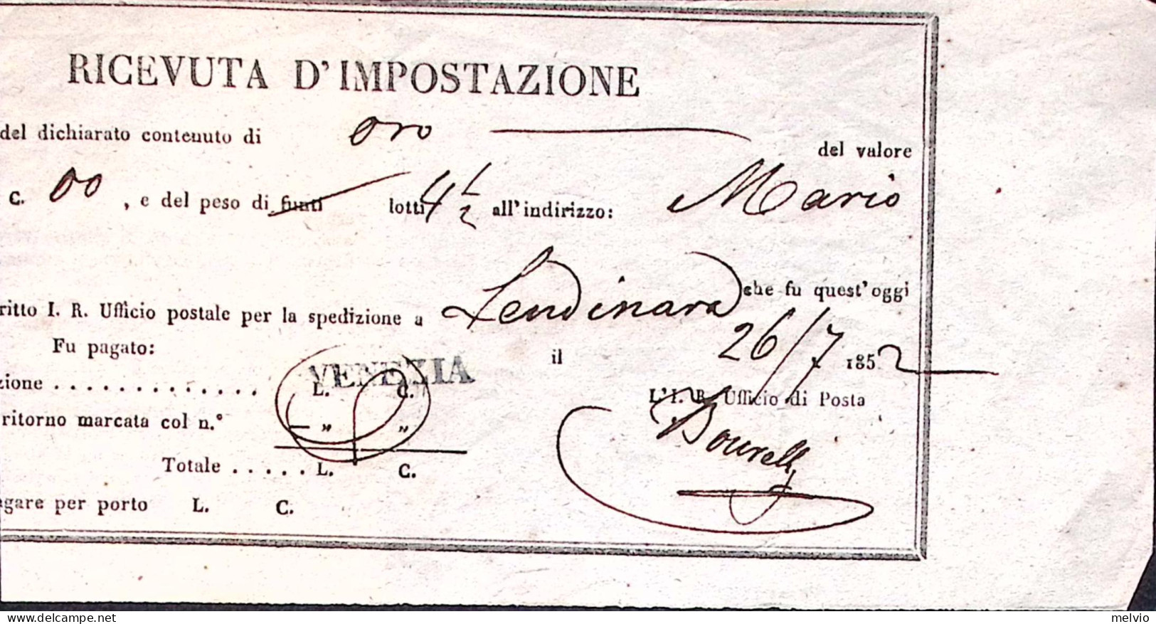 1852-LOMBARDO VENETO Venezia SD Su Ricevuta Impostazione (26.7) - Lombardo-Vénétie