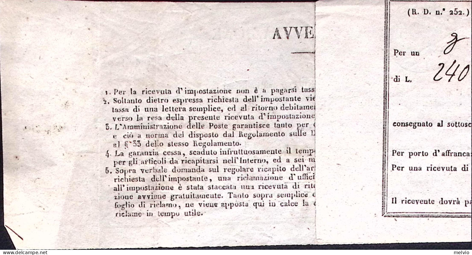 1852-LOMBARDO VENETO Venezia SD Su Ricevuta Impostazione (26.7) - Lombardo-Vénétie