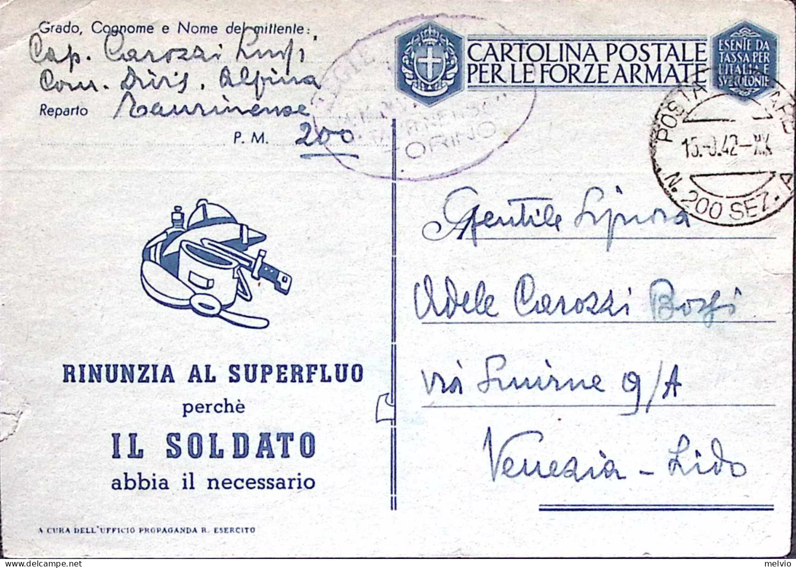 1942-Posta Militare/n. 200 SEZ A C.2 (15.10) Su Cartolina Franchigia - Marcofilía