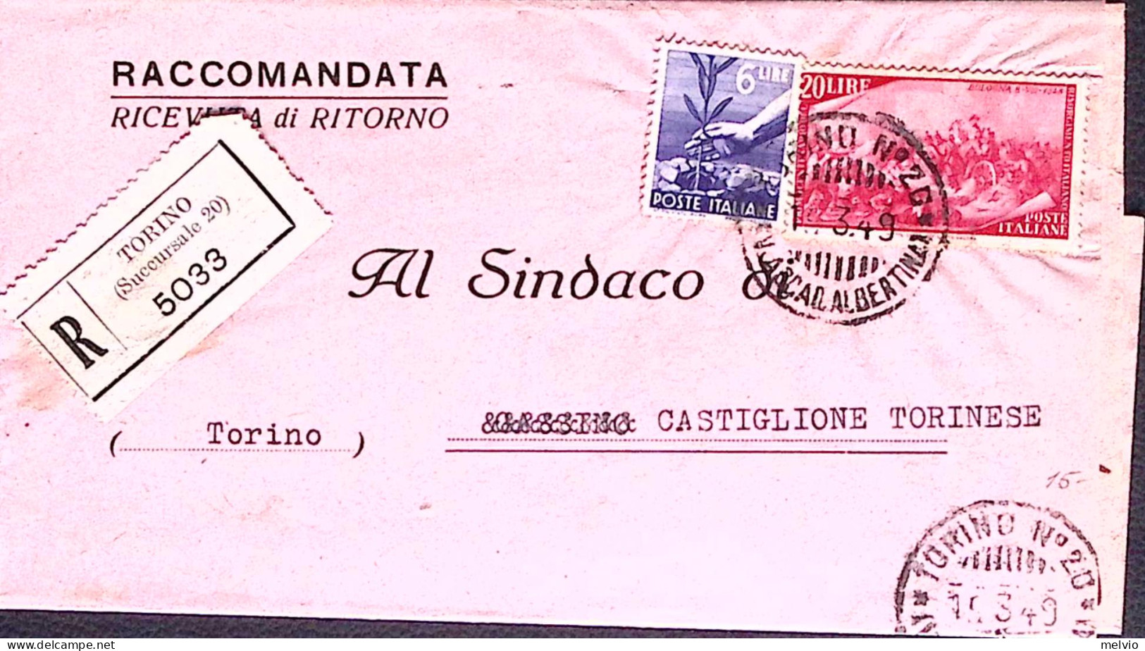 1949-Risorgimento Lire 20 + Democratica Lire 6 (556+588) Su Piego Raccomandato - 1946-60: Marcophilia