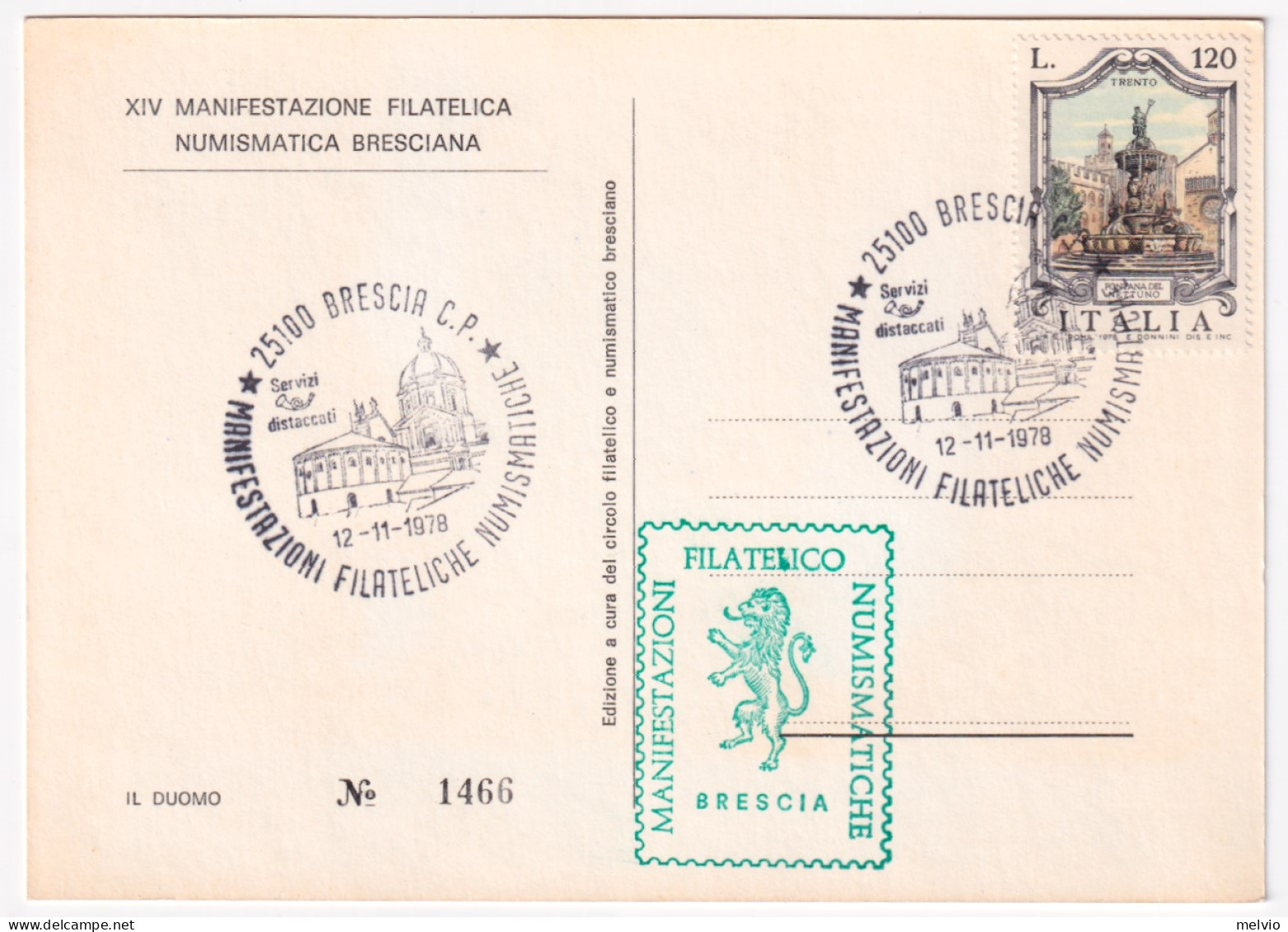 1978-BRESCIA MANIF. FILATELICA NUMISMATICA (12.11) Annullo Speciale Su Cartolina - Brescia