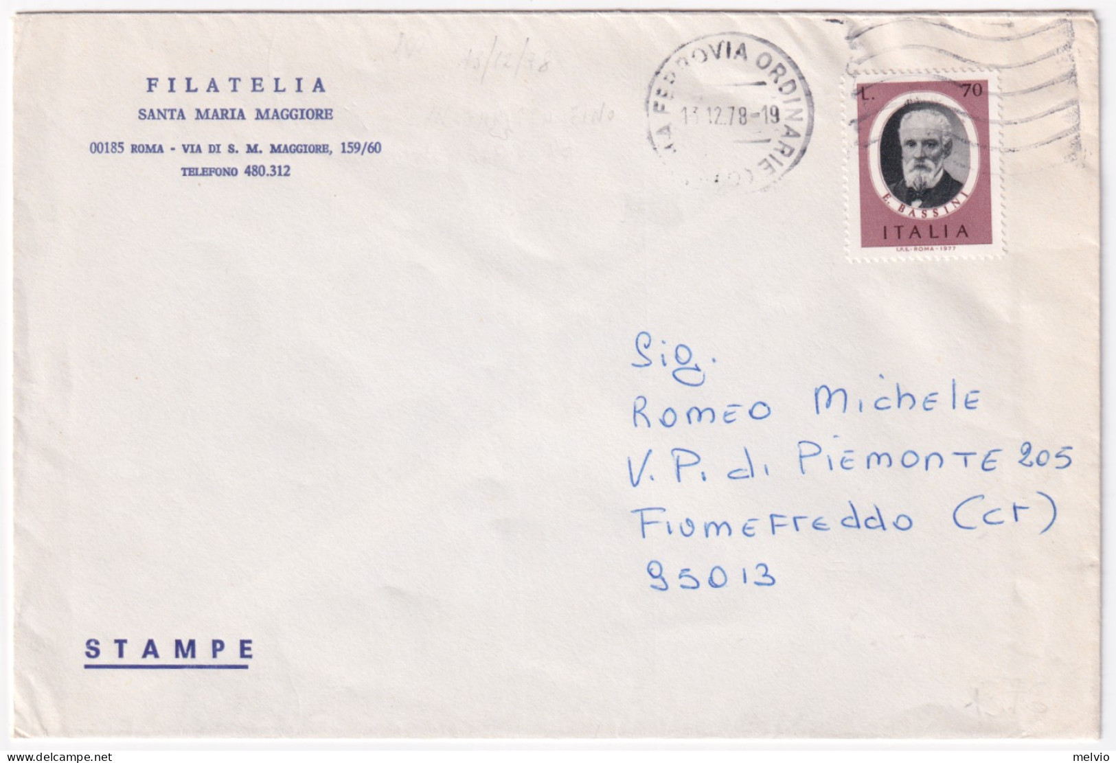 1978-ARTISTI ITALIANI 5 EMISSIONE Lire 70 Bassini (1376) Isolato Su Stampe - 1971-80: Poststempel