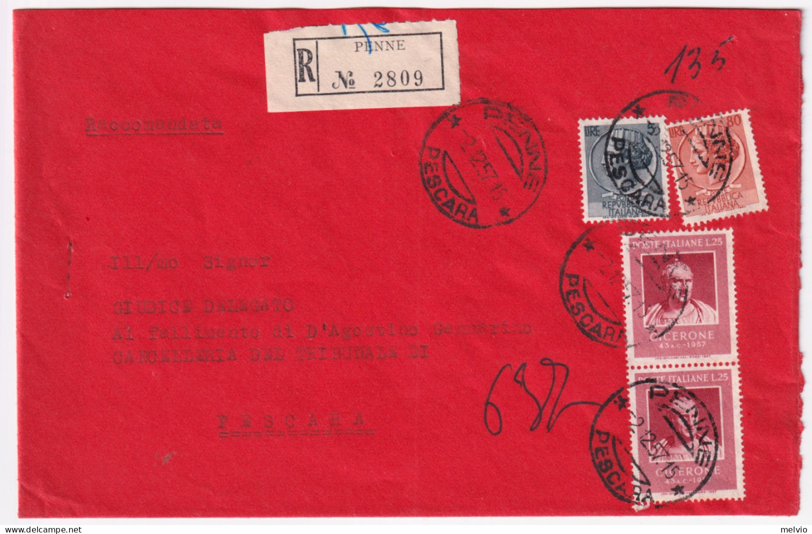 1957-CICERONE Coppia + Siracusana Lire 5 E 80 (762+776+821) Su Raccomandata Penn - 1946-60: Marcophilia