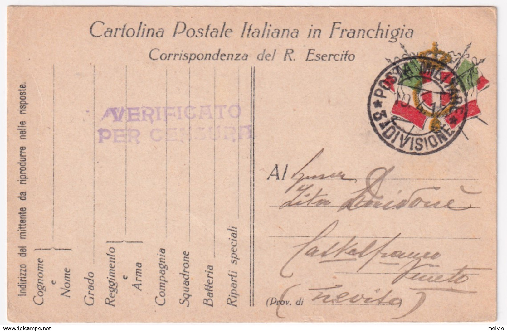 1917-Posta Militare/3^ DIVISIONE C.2 (10.4) Su Cartolina Franchigia - Marcofilía