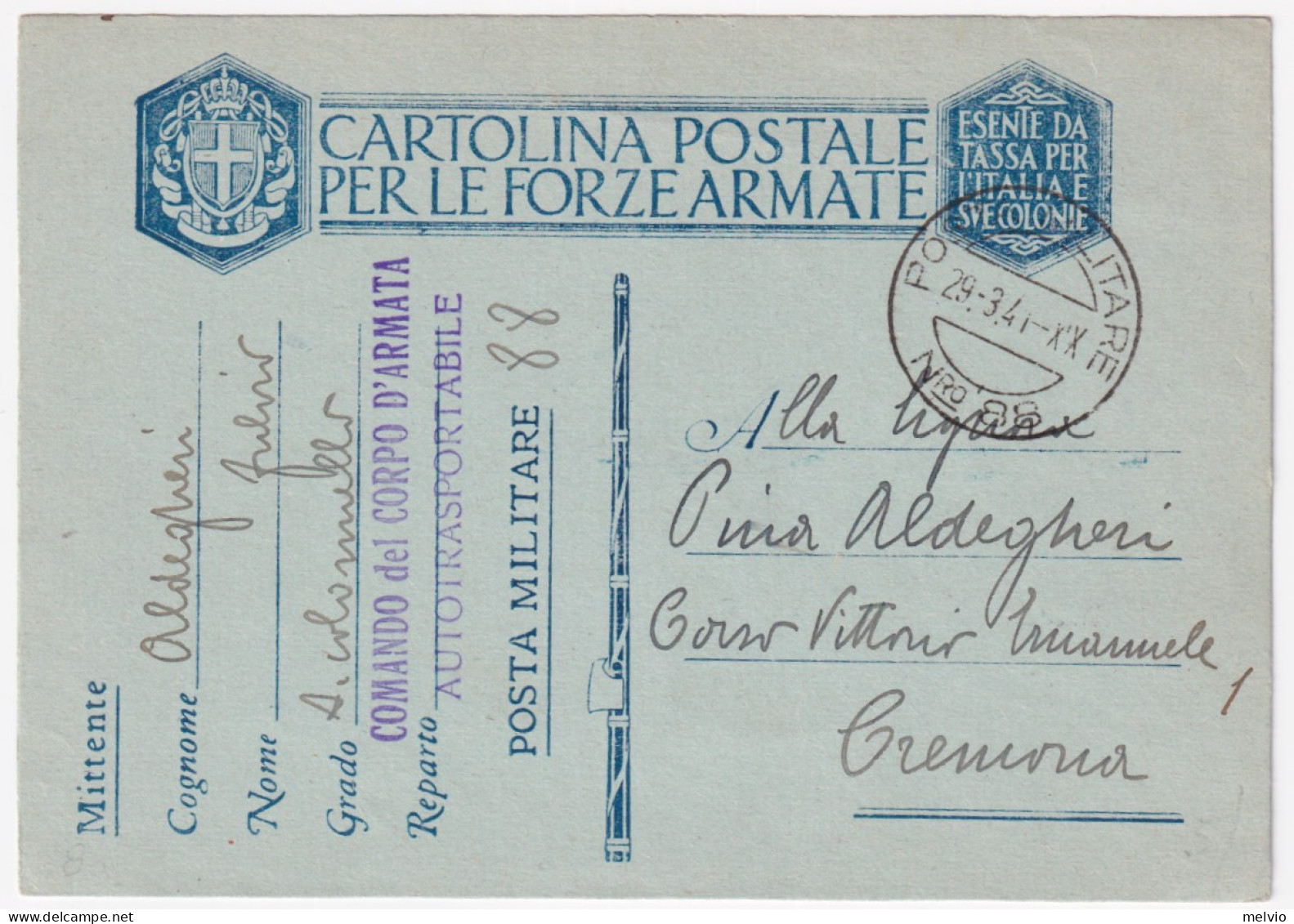 1941-Posta Militare/Nro 88 C.2 (29.3) Su Cartolina Franchigia - Marcophilie
