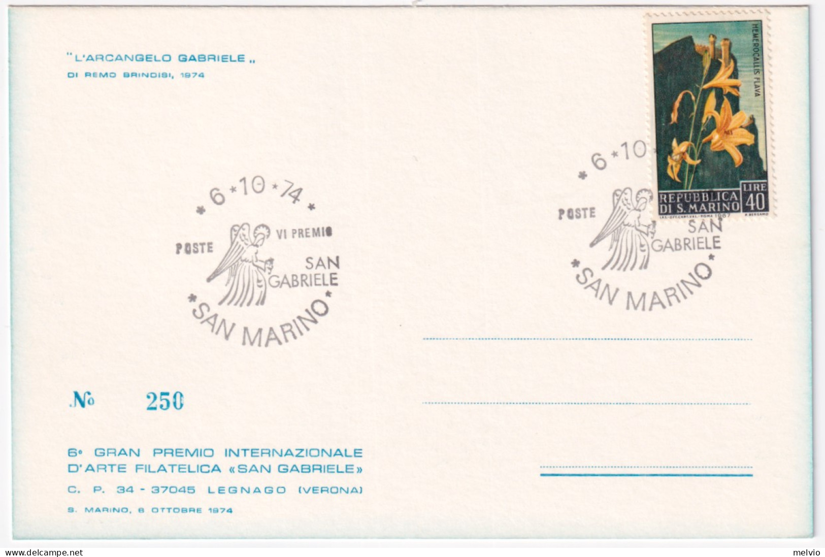 1974-SAN MARINO GRAN PREMIO INT. ARTE "SAN GABRIELE" (6.10) Annullo Speciale Su  - Lettres & Documents
