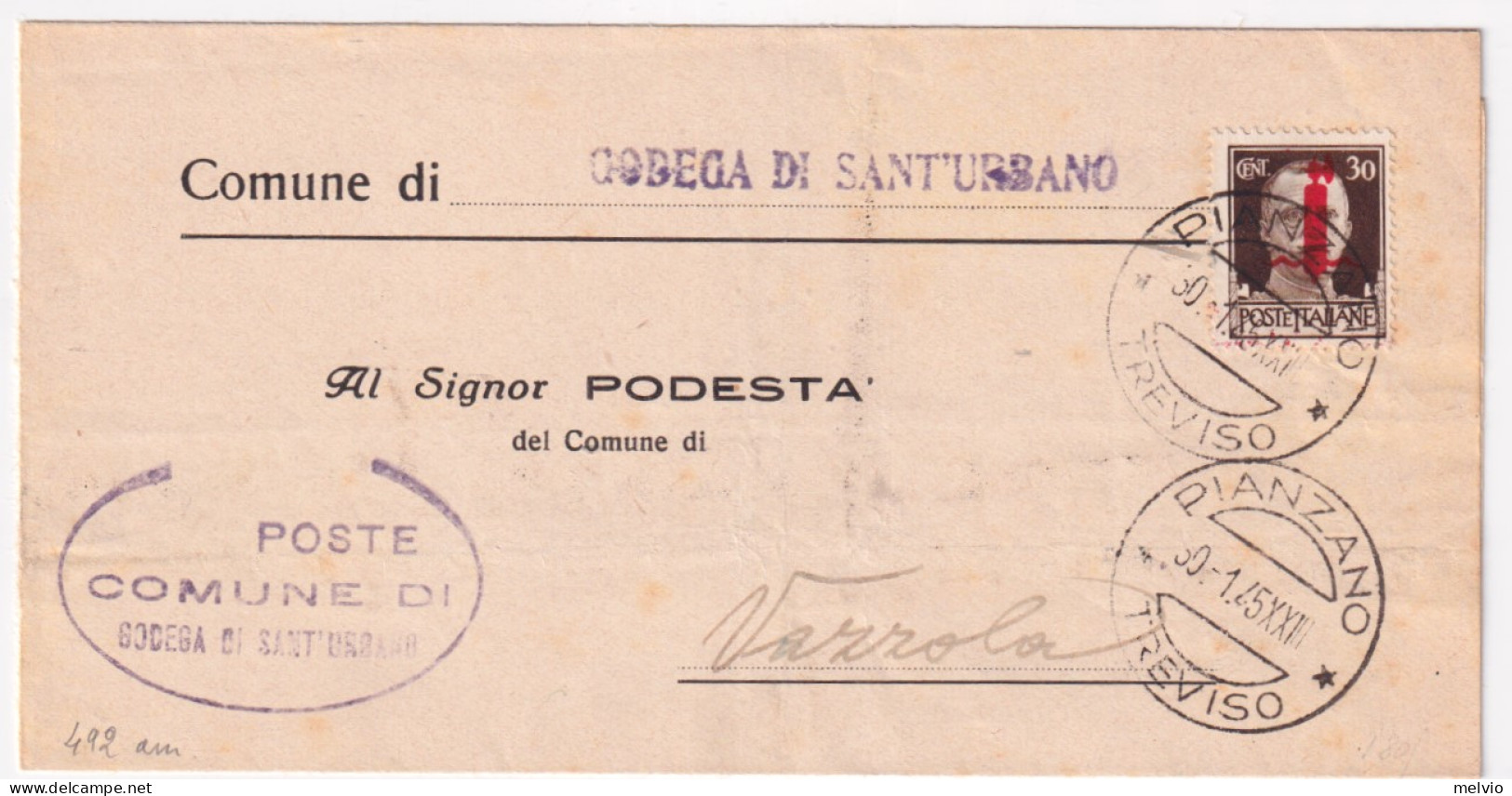 1945-Imperiale Sopr. RSI C.30 ROSSO ARANCIO (492E) Su Piego Pianzano (30.1.45) - Marcophilie