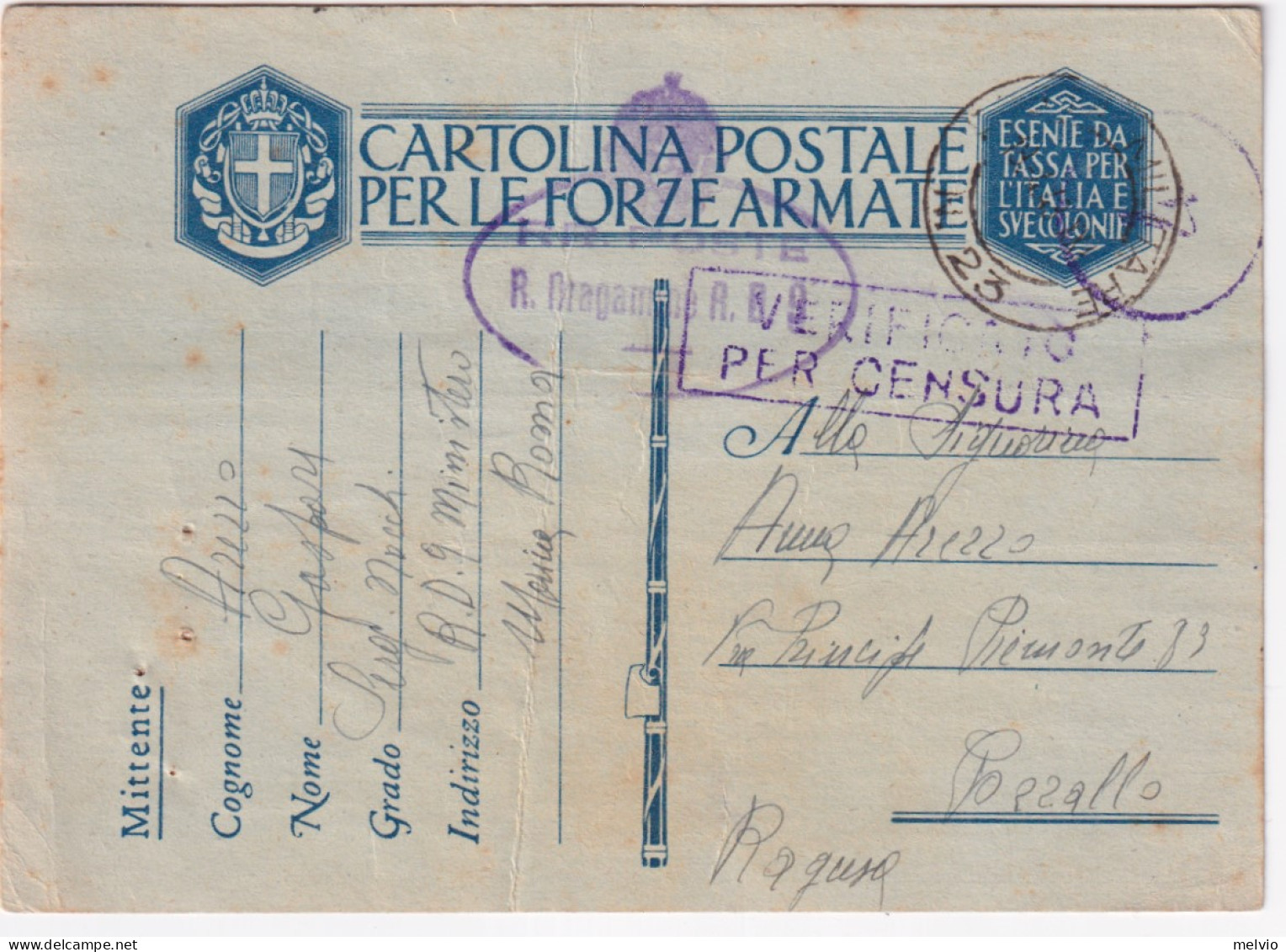 1943-R. DRAGAMINE R.D. 9 Ovale Viola Su Cartolina Franchigia PM 23 (18.4) - Poststempel