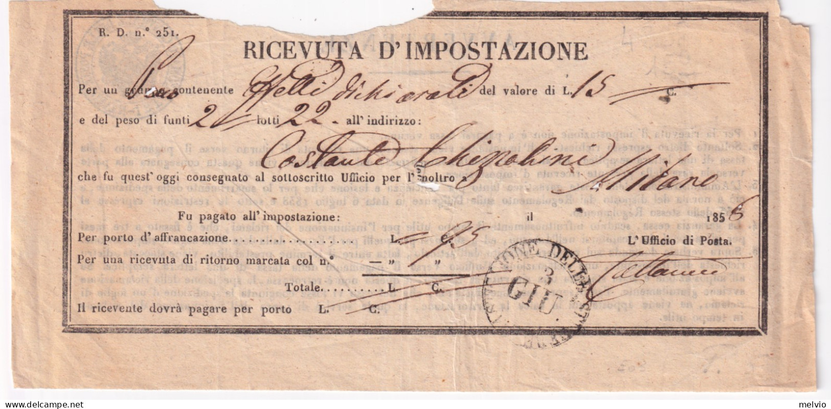 1858-CASTIGLIONE Delle STIVIERE C2 (3.06) Su Ricevuta D Impostazione - Non Classés