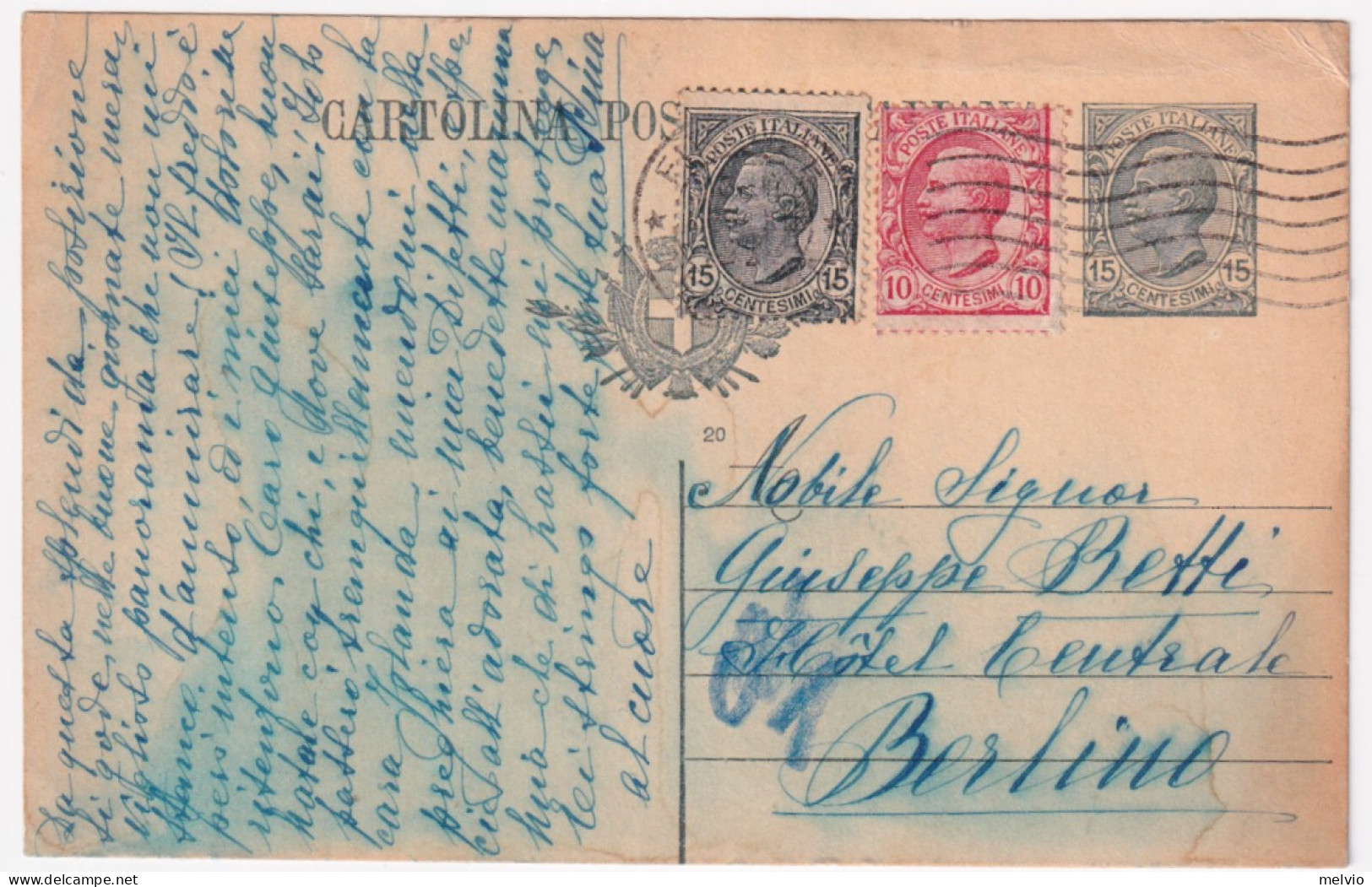 1921-Cartolina Postale Leoni C.15 Mill. 20 Con Francobolli Aggiunti Leoni C.10 E - Marcophilie