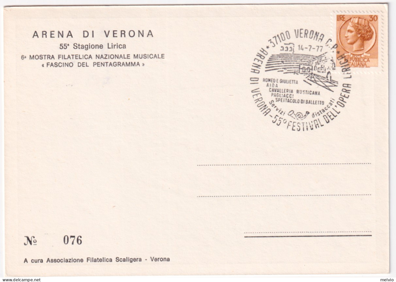 1977-VERONA 55 FESTIVAL OPERA LIRICA (14.7) Annullo Speciale Su Cartolina - Musik