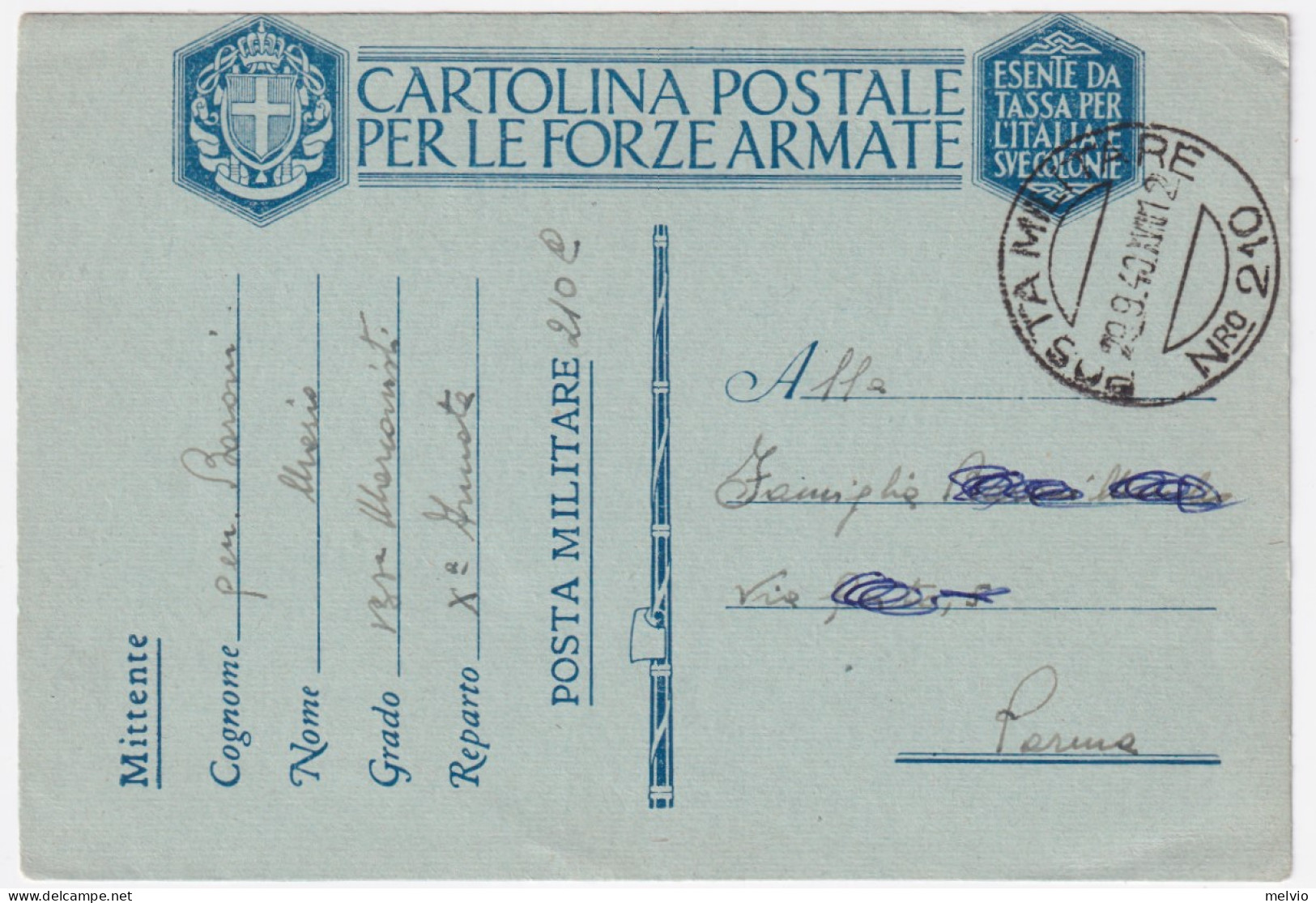 1940-Posta Militare N.ro 210 C.2 (29.9) Su Cartolina Franchigia - Marcophilie