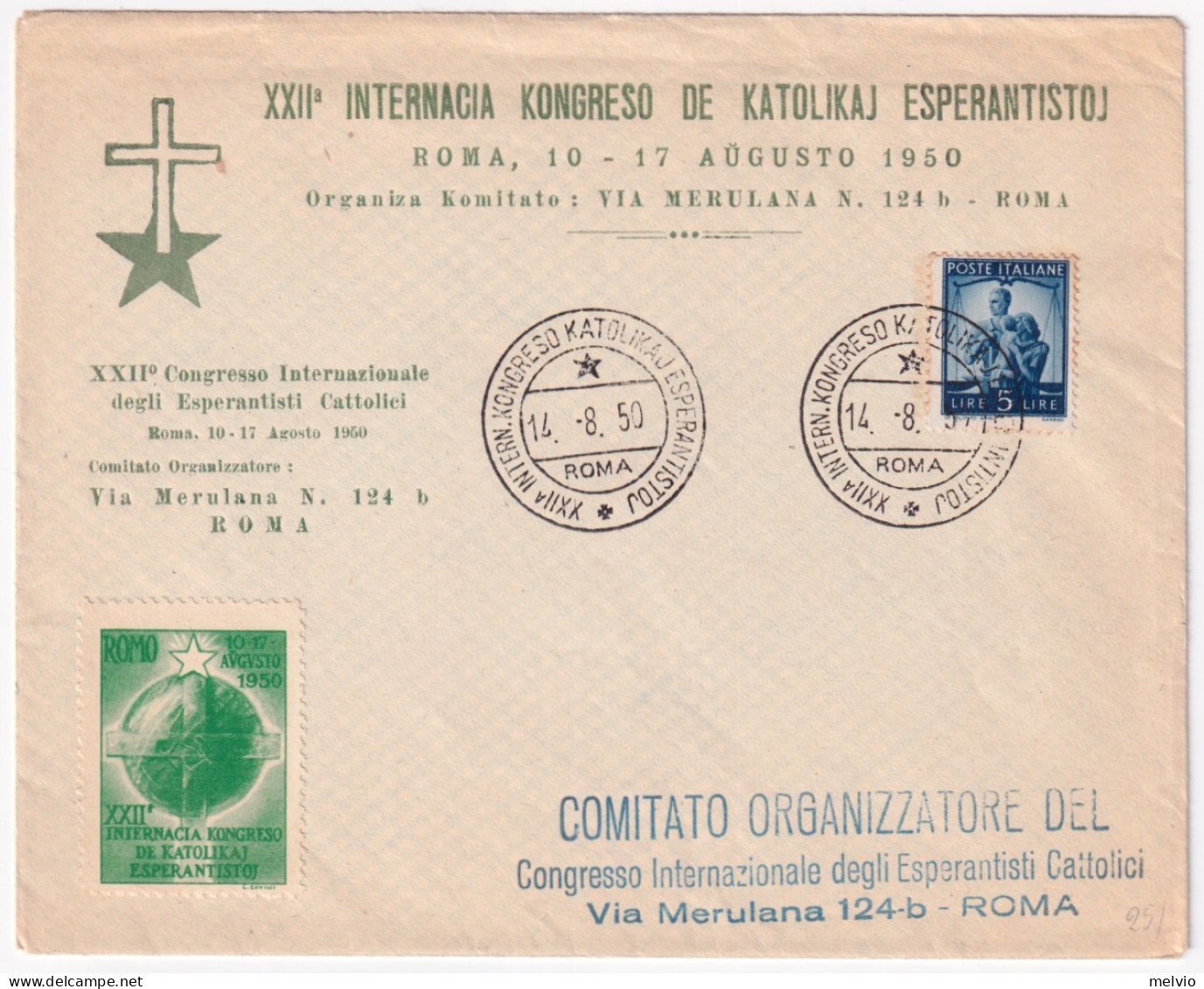 1950-ROMA XXII^CONGRESSO ESPERANTISTI CATTOLICI (14.8) Su Busta - Erinnophilie