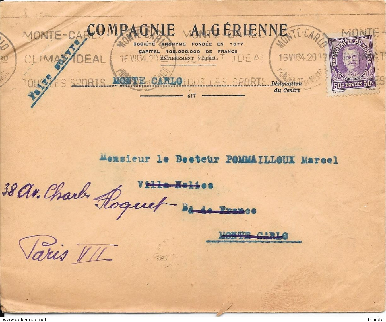 Principauté De Monaco  Sur Lettre  1934 - Brieven En Documenten