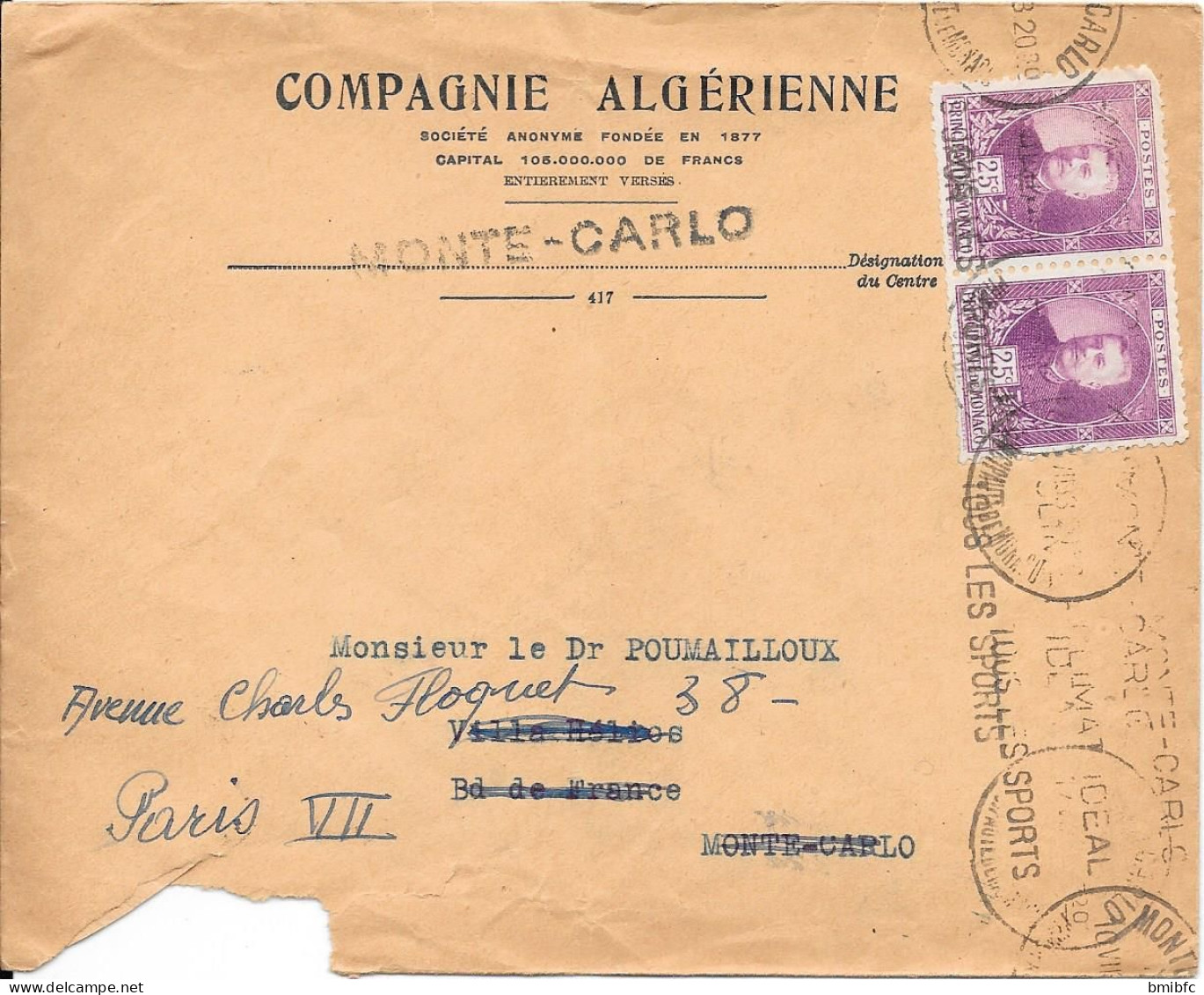 Principauté De Monaco  Sur Lettre  1934 - Briefe U. Dokumente