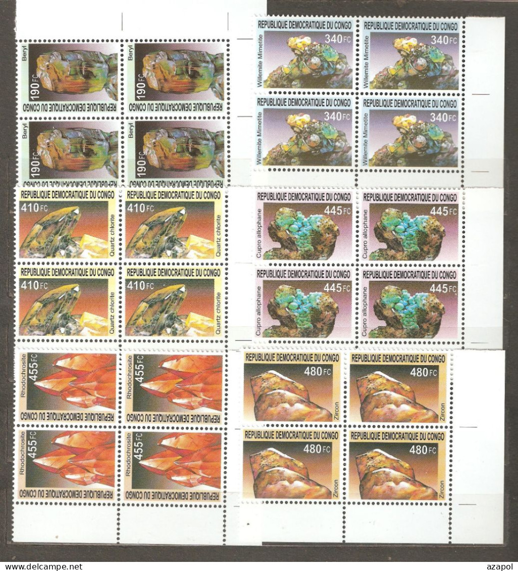 Congo: Full Set Of 6 Mint Stamps In Block Of 4, Minerals, 2002, Mi#1713-8, MNH - Nuovi