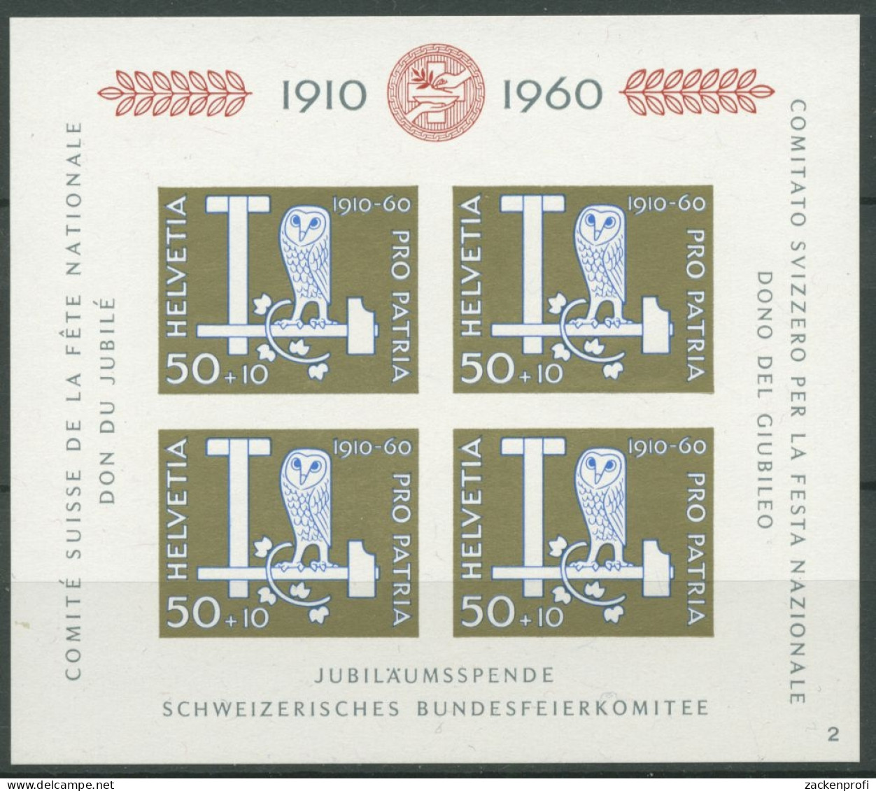 Schweiz 1960 50 J. Bundesfeierspende Pro Partia Block 17 Postfrisch (C28209) - Blocks & Sheetlets & Panes