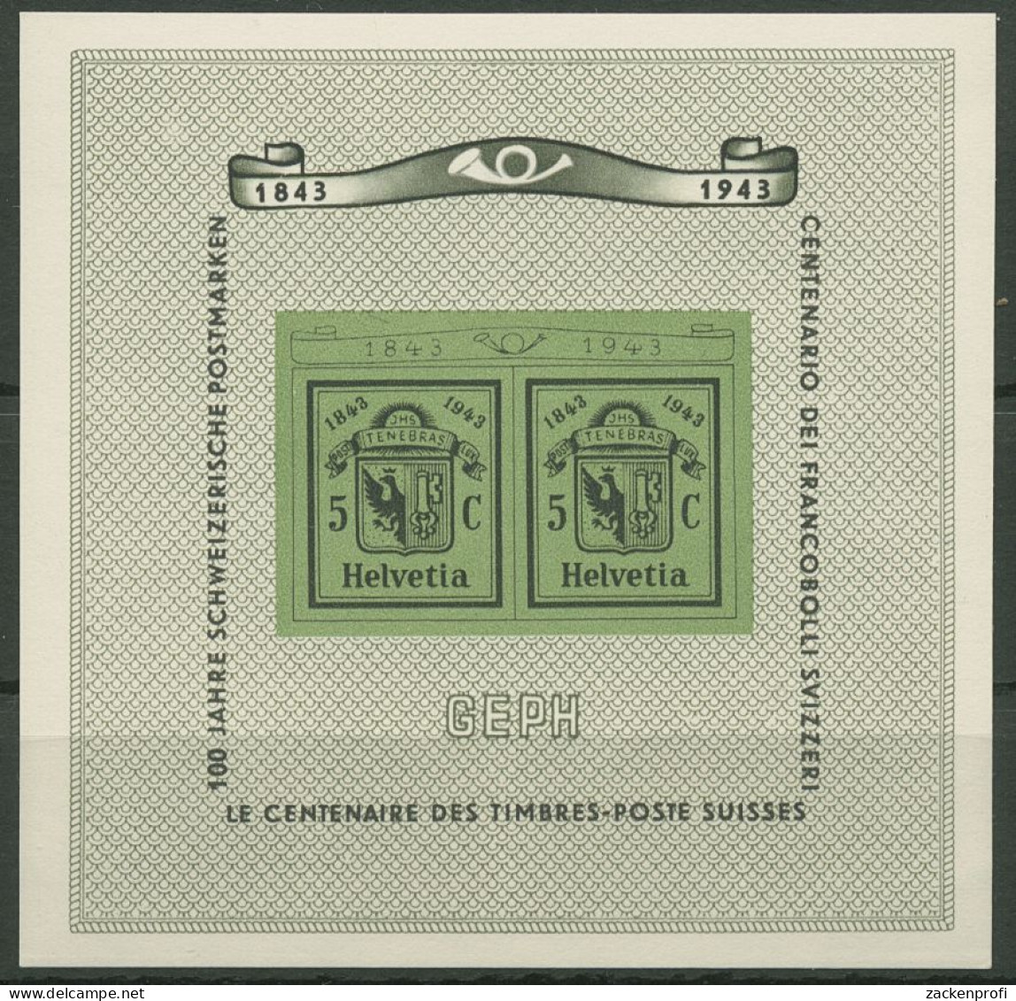 Schweiz 1943 GEPH 100 Jahre Doppelgenf Block 10 Postfrisch (C28192) - Blocks & Sheetlets & Panes