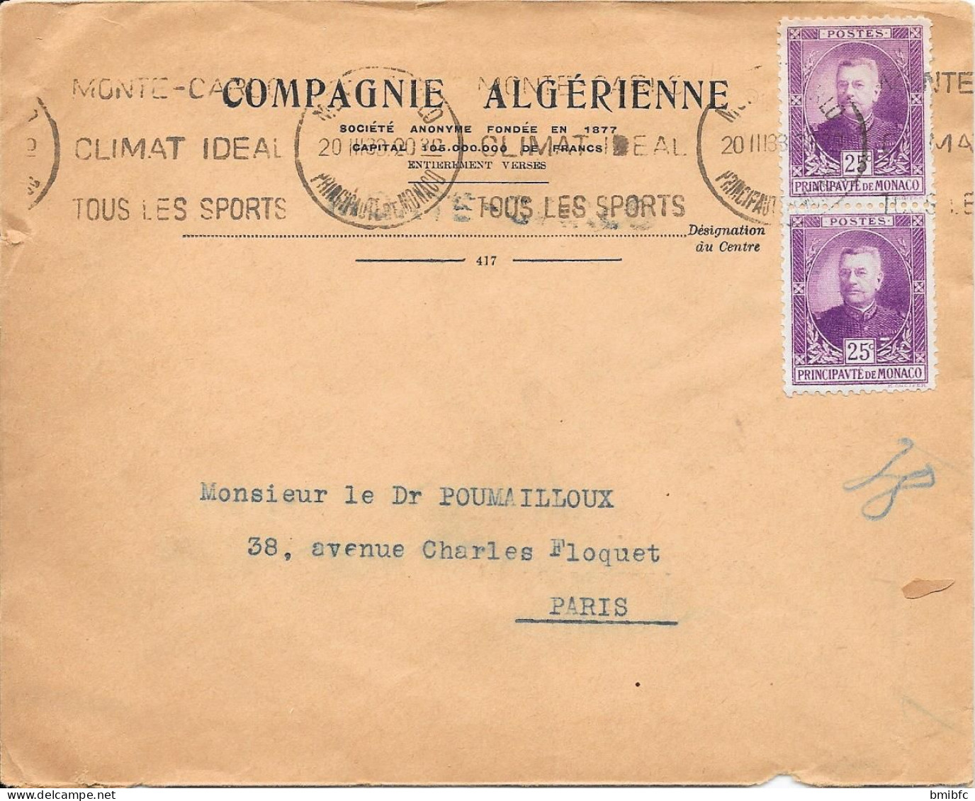 Principauté De Monaco  Sur Lettre  1933 - Briefe U. Dokumente