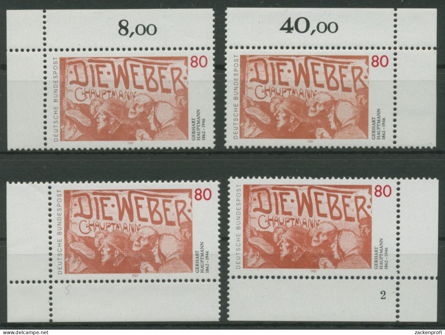 Bund 1987 Gerhart Hauptmann Die Weber 1344 Alle 4 Ecken Postfrisch (E1618) - Ungebraucht