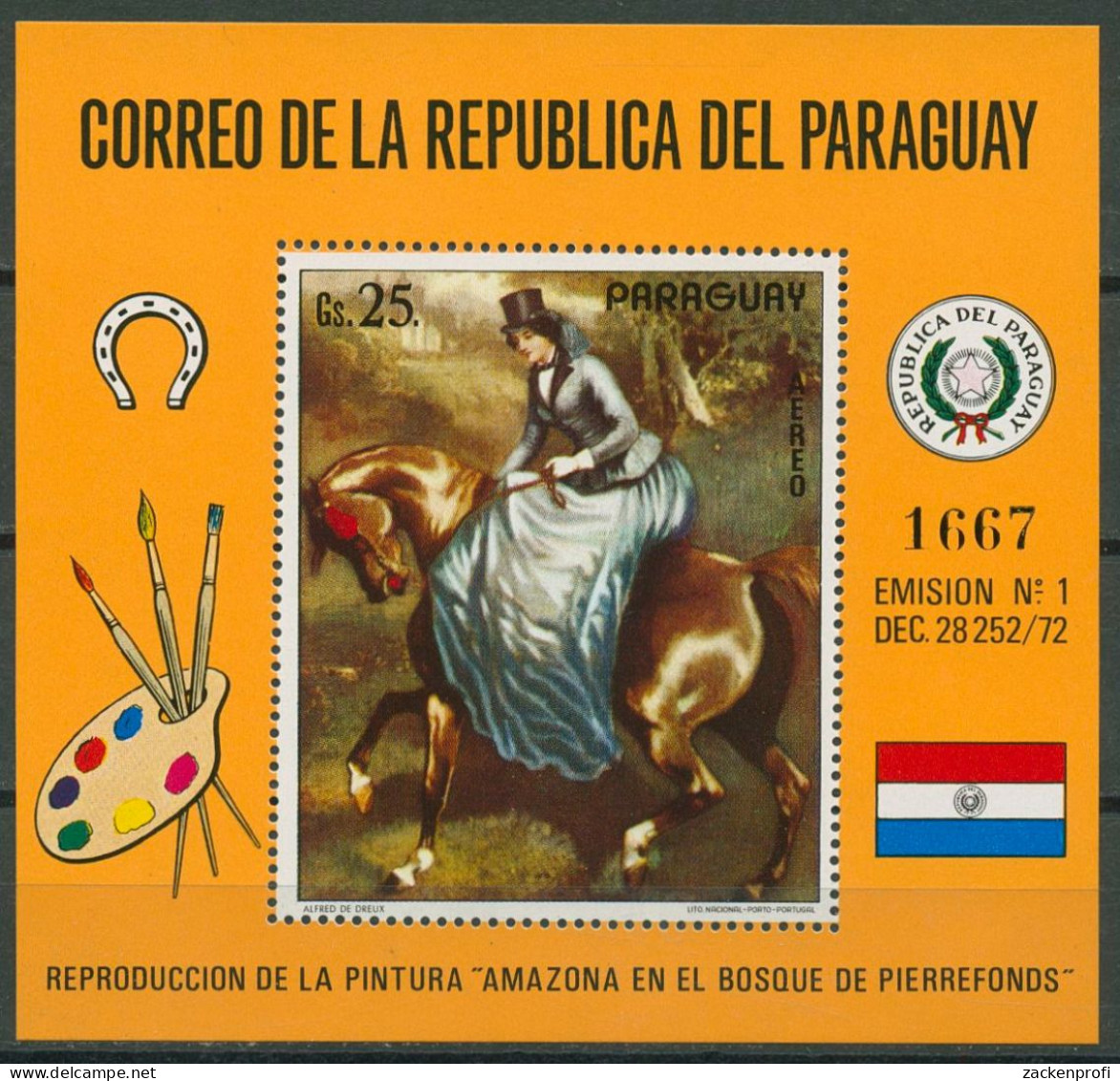 Paraguay 1973 Gemälde Alfred De Dreux: Reiterin Block 201 Postfrisch (C80468) - Paraguay