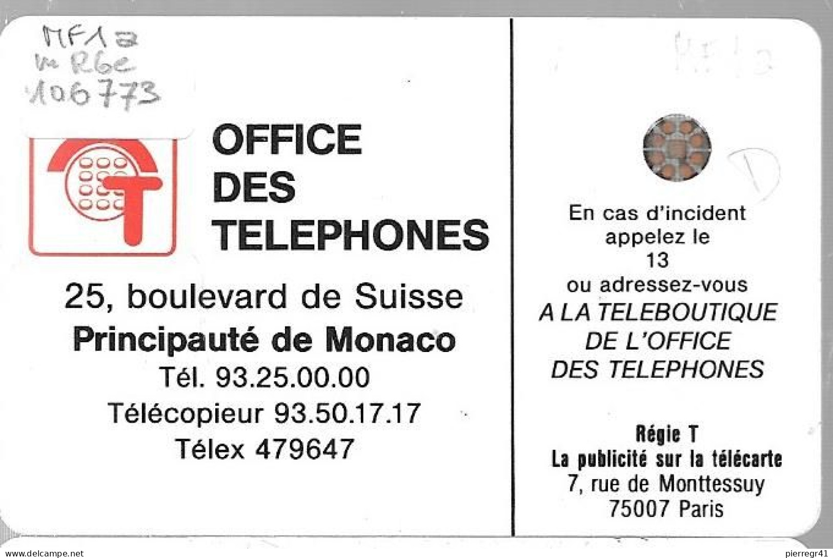 CARTE²°-PUBLIC-MONACO-50U-MF1a-SC4On-N°Série106773-ROCHER De MONACO-Fleche Blanche/Immeubles Rouge-Utilisé-LUXE - Monace