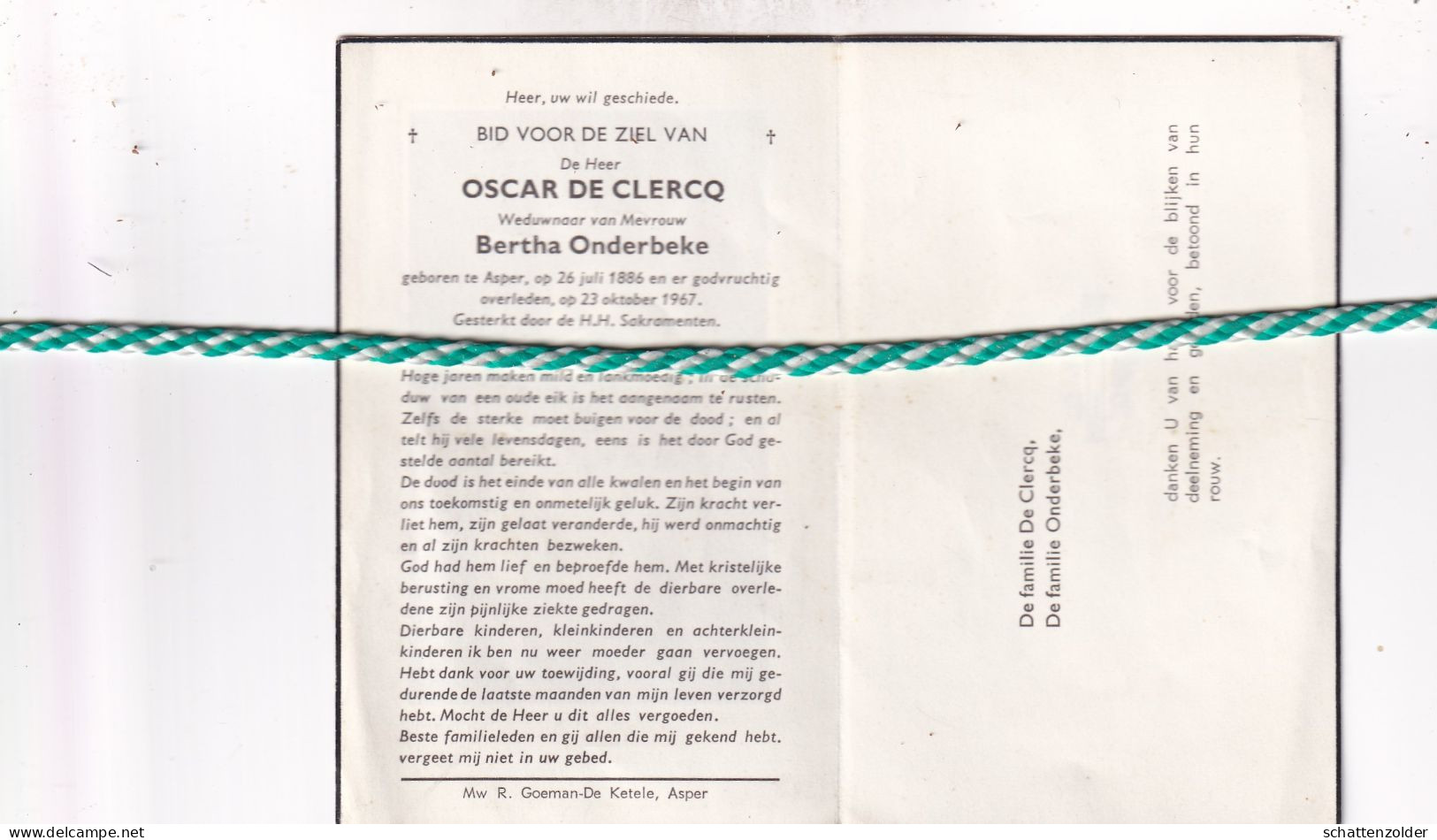 Oscar De Clercq-Onderbeke, Asper 1886, 1967 - Overlijden