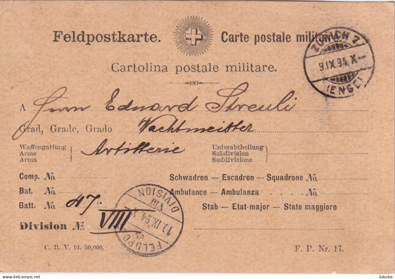 Feldpostkarte  Zürich Enge - Feldpost VIII.Division         1894 - Entiers Postaux