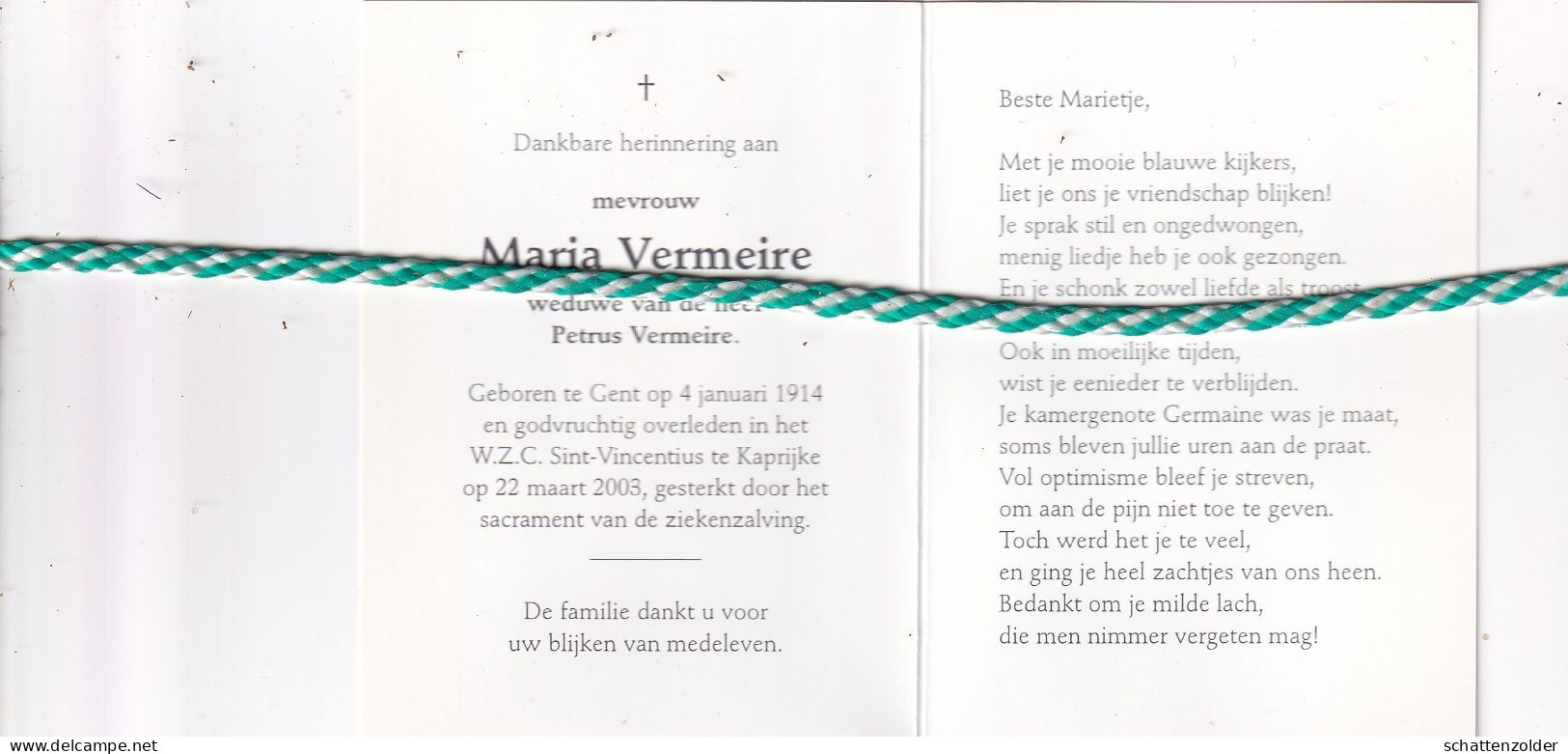 Maria Vermeire, Gent 1914, Kaprijke 2003. Foto - Décès