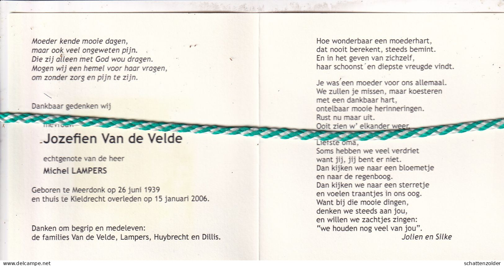 Jozefien Van De Velde-Lampers, Meerdonk 1939, Kieldrecht 2006. Foto - Décès