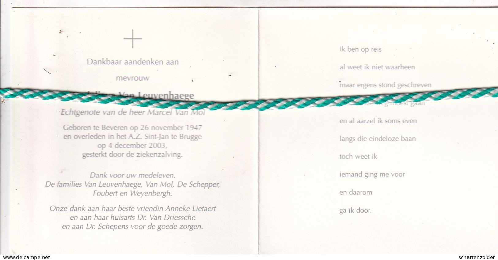 Godelieve Van Leuvenhaege-Van Mol, Beveren 1947, Brugge 2003 - Décès