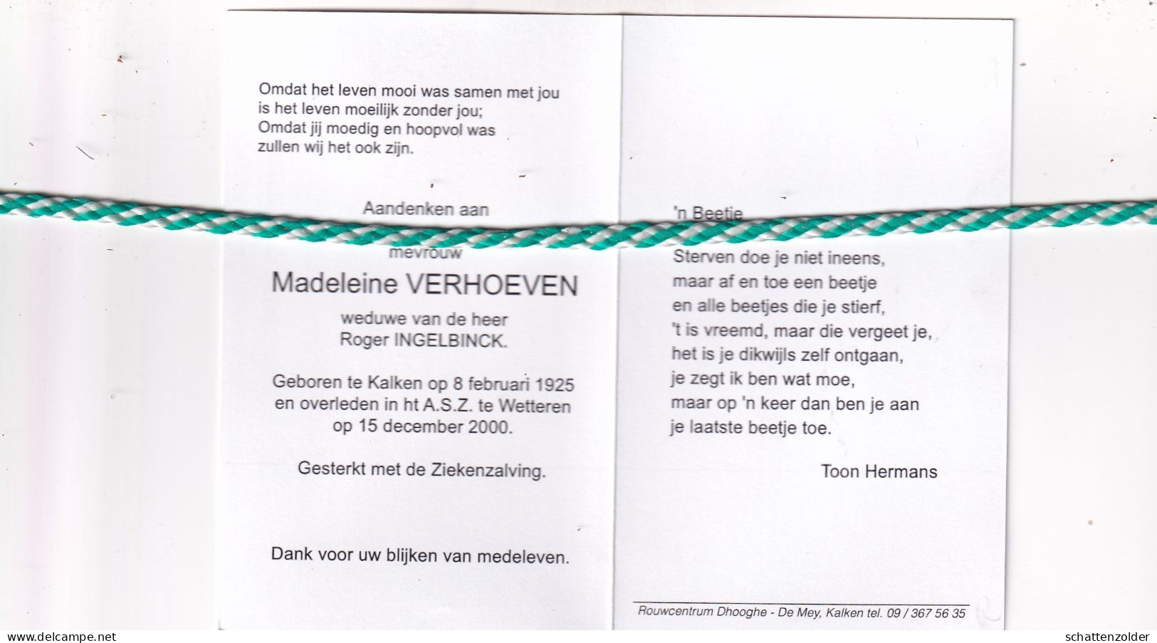 Madeleine Verhoeven-Ingelbinck, Kalken 1925, Wetteren 2000 - Décès