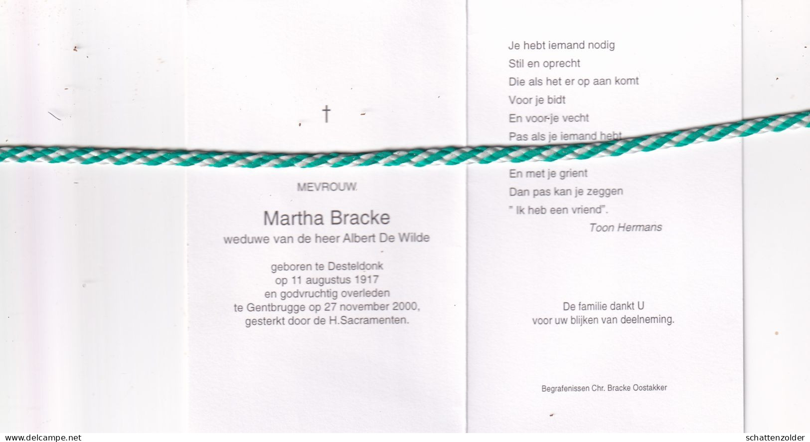 Martha Bracke-De Wilde, Desteldonk 1917, Gentbrugge 2000 - Décès