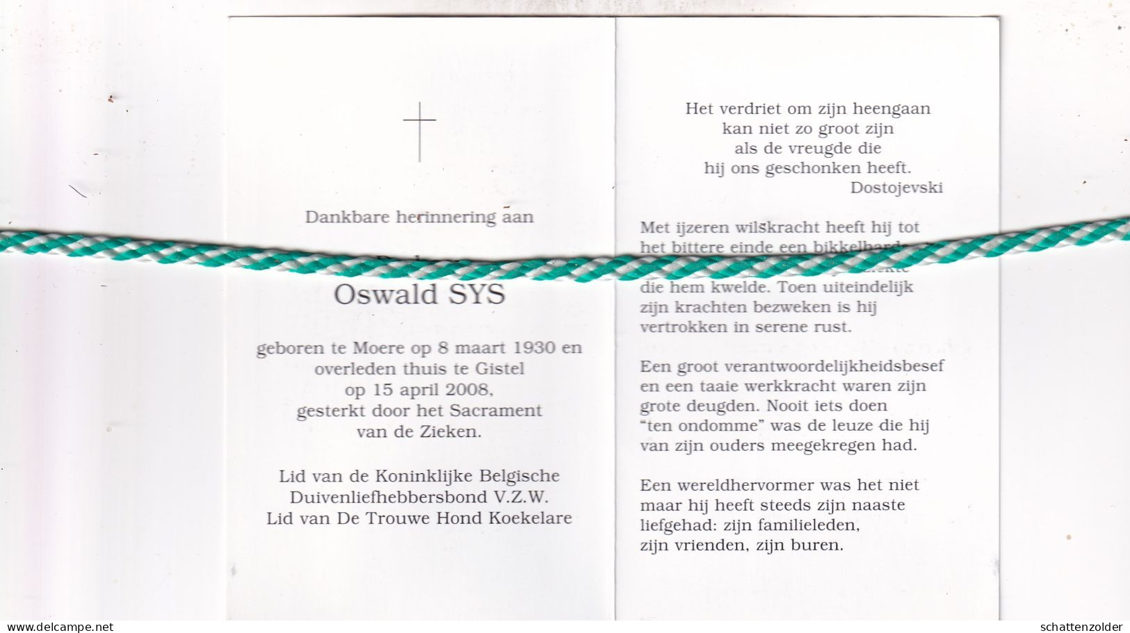 Oswald Sys, Moere 1930, Gistel 2008. Foto Duif - Todesanzeige