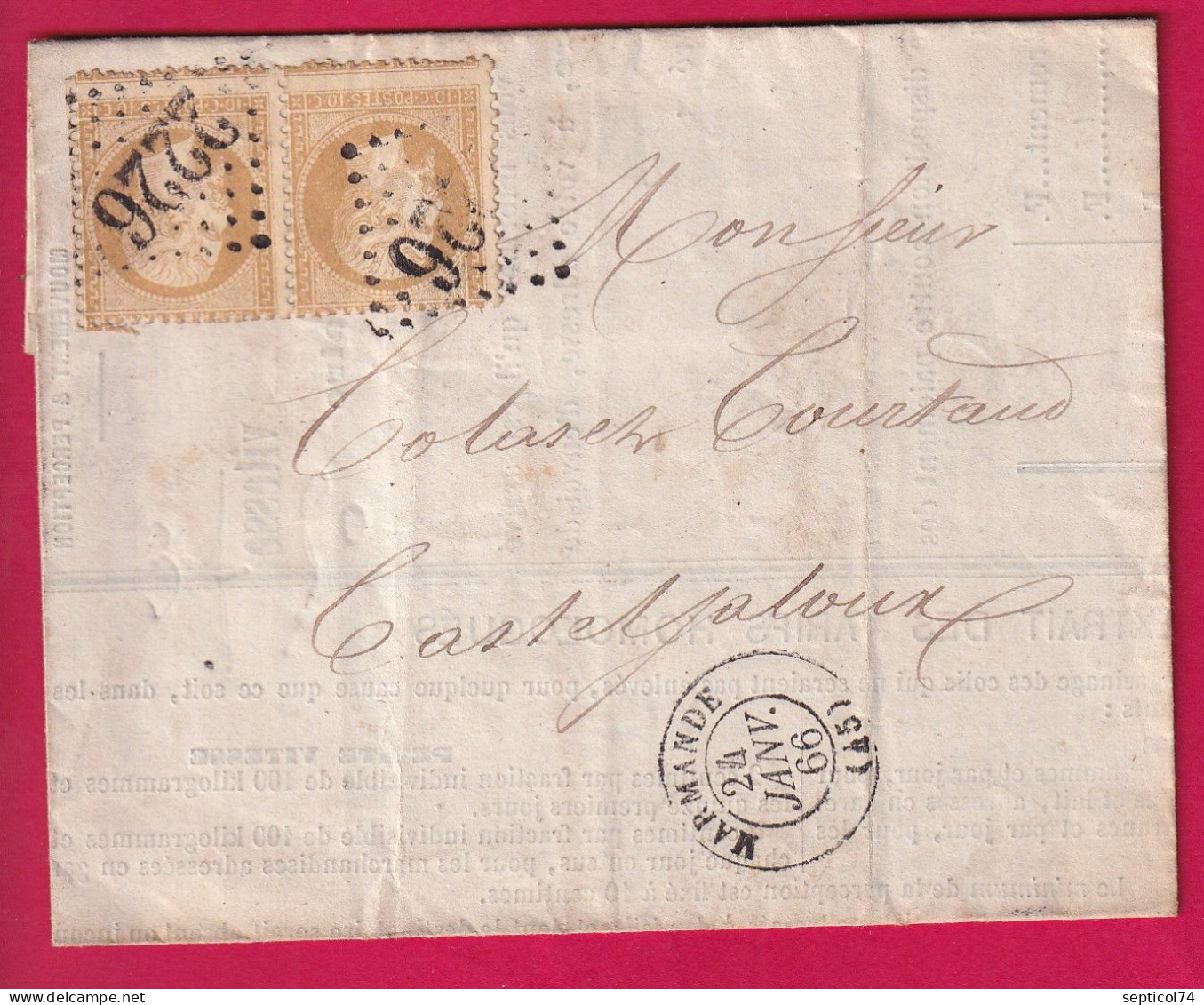 N°21 PAIRE GC 2226 PIQUAGE A CHEVAL MARMANDE LOT ET GARONNE  POUR CASTELJALLOUX FORMULAIRE GARE LETTRE - 1849-1876: Klassik