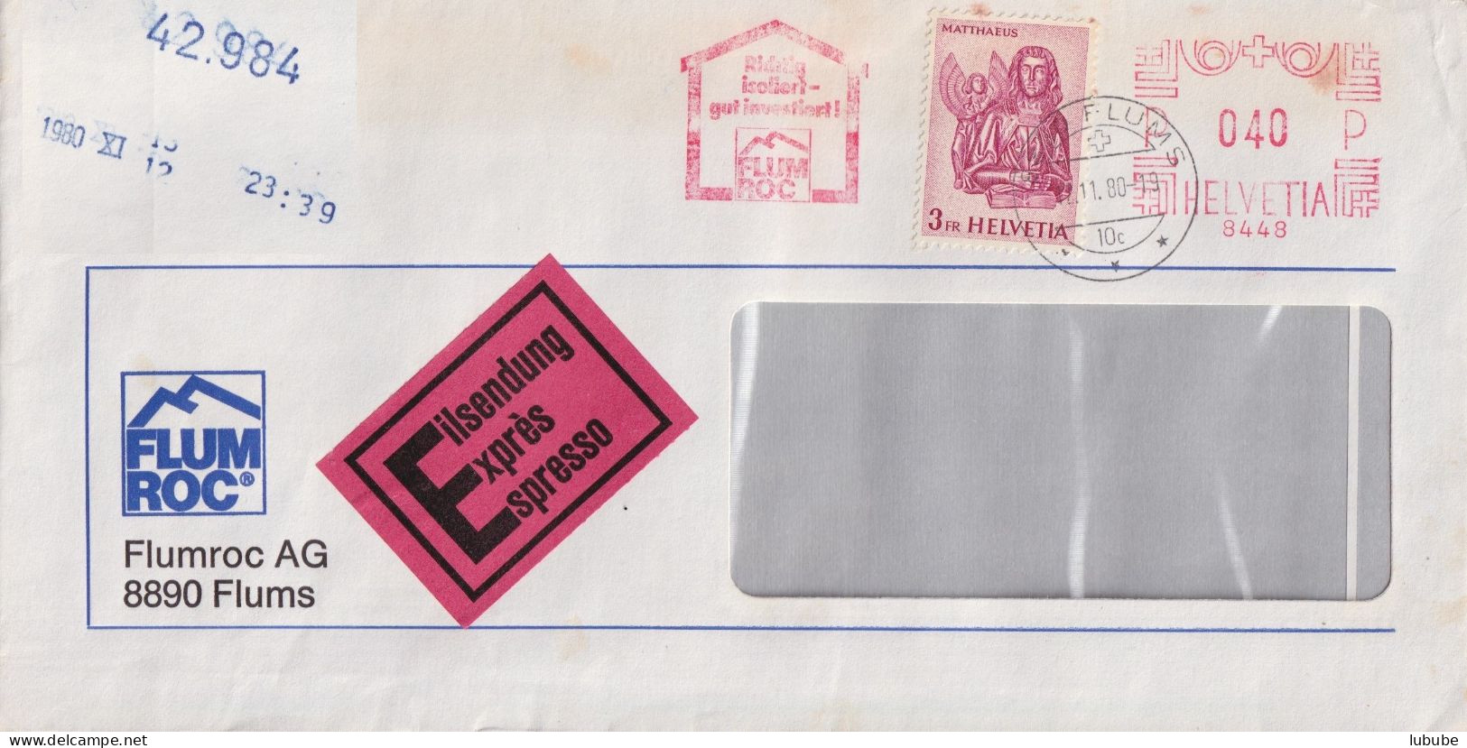 Express Brief  "FlumRoc AG, Flums"  (Freistempel)        1980 - Cartas & Documentos