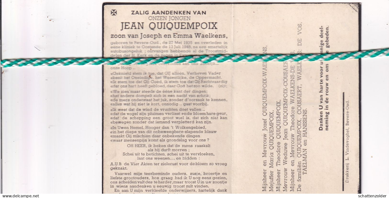 Jean Quiquempoix-Waelkens, Bevere-Oudenaarde 1935, Oostende 1948 Autobusongeluk - Todesanzeige