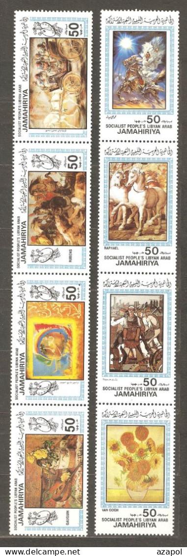 Libya: Full Set Of 8 Mint Stamps In Strips, Paintings, 1983, Mi#1154-61, MNH - Libye