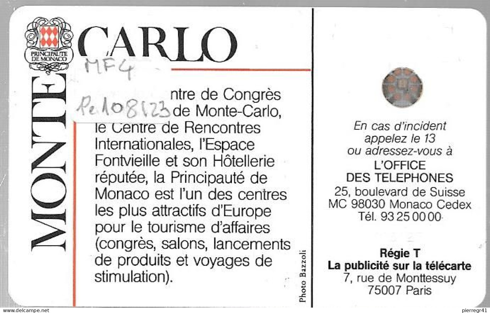 CARTE²°-PUBLIC-MONACO-50U-MF4-SC4 On-PALAIS CONGRES-V°N° Série Pe108123-UTILISE-TBE/LUXE - Monaco